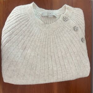 LOFT Cream Ribbed Crewneck Sweater with Jeweled Shoulder Buttons